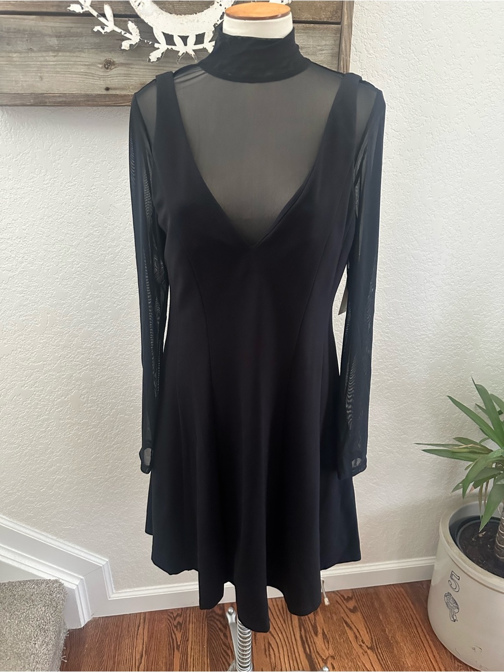 Anthropologie Maeve sheer long sleeve little black dress size M NWT